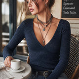 Blusa de Malha Retro com Decote em V Cruzado e Fio Metalizado