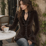 Blazer de Veludo Castanho Chocolate Vintage com Folhos