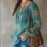 Blusa Vintage de Estilo Étnico com Debruns em Renda Floral