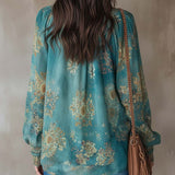 Blusa Vintage de Estilo Étnico com Debruns em Renda Floral