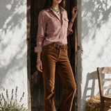 Camisa Western em Ganga Lavada Rosa-Empoeirado Desbotado com Fecho de Correr