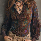 Blusa Boho Chique em Veludo com Estampado Floral e Debrum de Folho