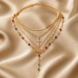 Conjunto de Colar e Brincos em Ouro Branco com Pedras Multicoloridas