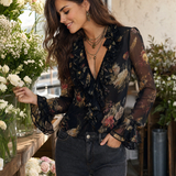 Blusa de Chiffon Estampada de Estilo Vintage com Folhos