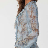 Blusa de Chiffon com Folhos e Fecho de Correr Frontal em Estampado Azul Sereno