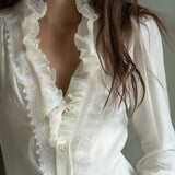 Blusa Romântica de Renda com Folhos – Branco Marfim