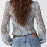 Blusa de Chiffon com Folhos e Fecho de Correr Frontal em Estampado Azul Sereno