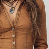 Camisa Camel Lavada Vintage com Debrum Contrastante