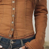 Camisa Camel Lavada Vintage com Debrum Contrastante
