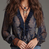 Blusa de Chiffon Azul-Marinho com Estampado Paisley Barroco e Fecho com Folhos