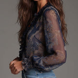 Blusa de Chiffon Azul-Marinho com Estampado Paisley Barroco e Fecho com Folhos