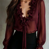 Blusa de Chiffon Retro Roxa Transparente com Folhos e Laço Frontal