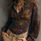 Blusa Boho Chique em Veludo com Estampado Floral e Debrum de Folho