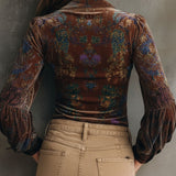 Blusa Boho Chique em Veludo com Estampado Floral e Debrum de Folho