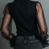 Blusa Vintage Preta em Organza Transparente com Gola Alta e Debrum de Folho