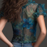 Top Boho Vintage Transparente em Malha com Folhos e Estampado Floral