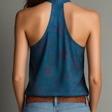 Blusa Halter Retro de Cetim Verde-Petróleo com Gola Alta, Estampado Floral e Lenço