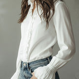 Camisa Elegante de Folhos com Botões e Mangas Compridas de Punho Evasê