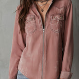 Camisa Western em Ganga Lavada Rosa-Empoeirado Desbotado com Fecho de Correr