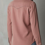 Camisa Western em Ganga Lavada Rosa-Empoeirado Desbotado com Fecho de Correr