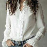 Camisa Elegante de Folhos com Botões e Mangas Compridas de Punho Evasê