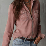 Camisa Western em Ganga Lavada Rosa-Empoeirado Desbotado com Fecho de Correr