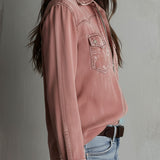 Camisa Western em Ganga Lavada Rosa-Empoeirado Desbotado com Fecho de Correr