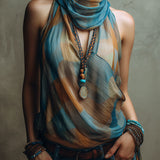 Blusa Boho de Chiffon Halter Azul e Âmbar com Decote em Lenço