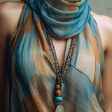 Blusa Boho de Chiffon Halter Azul e Âmbar com Decote em Lenço