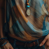Blusa Boho de Chiffon Halter Azul e Âmbar com Decote em Lenço