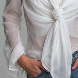 Blusa Transparente de Chiffon Amarrotado com Cruzado à Frente e Laço, Manga Comprida, com Camisole