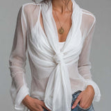 Blusa Transparente de Chiffon Amarrotado com Cruzado à Frente e Laço, Manga Comprida, com Camisole