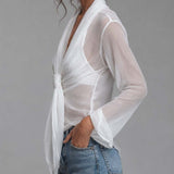 Blusa Transparente de Chiffon Amarrotado com Cruzado à Frente e Laço, Manga Comprida, com Camisole