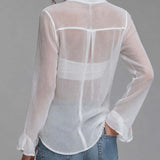 Blusa Transparente de Chiffon Amarrotado com Cruzado à Frente e Laço, Manga Comprida, com Camisole