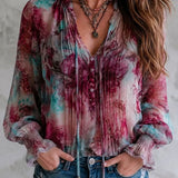 Blusa Boho com Estampado Floral, Laço de Borlas e Punhos Franzidos, Manga Comprida