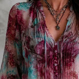 Blusa Boho com Estampado Floral, Laço de Borlas e Punhos Franzidos, Manga Comprida