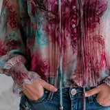 Blusa Boho com Estampado Floral, Laço de Borlas e Punhos Franzidos, Manga Comprida