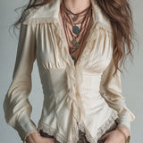 Blusa Boho de Manga Comprida com Colarinho Bicudo e Renda