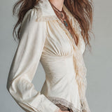 Blusa Boho de Manga Comprida com Colarinho Bicudo e Renda