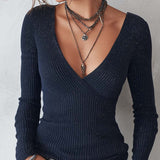 Blusa de Malha Retro com Decote em V Cruzado e Fio Metalizado