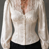 Blusa Romântica Marfim em Jacquard com Gola de Renda Recortada e Efeito Corset