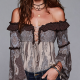 Blusa Boémia Castanha de Paisley com Atacadores e Folhos