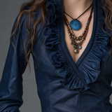 Top Vintage Azul-Marinho com Folhos e Laço Frontal