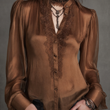 Blusa Vintage Castanha Transparente de Botões com Renda e Mangas Bufantes