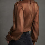 Blusa Vintage Castanha Transparente de Botões com Renda e Mangas Bufantes