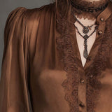 Blusa Vintage Castanha Transparente de Botões com Renda e Mangas Bufantes