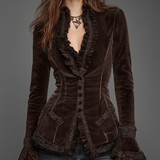 Blazer de Veludo Castanho Chocolate Vintage com Folhos
