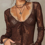 Blusa Boho Transparente Castanha em Renda com Debrum Creme e Laço Frontal