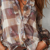 Blusa Boémia de Chiffon com Estampado Floral Axadrezado e Folhos