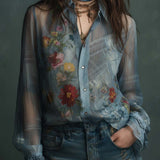 Blusa Boho Vintage Transparente com Botões e Estampado Floral